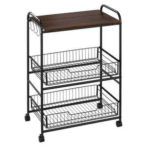 3 Tier Black Metal Mesh Rolling Cart Wooden Top Board <b>Pull</b> Out Basket Storage <b>Trolley</b> Kitchen Microwave Stand - Product Image 1
