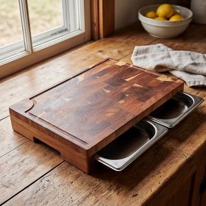 Planche à découper en bois d'acacia avec plateau, bloc de boucher en bois massif, planche de préparation de cuisine avec récupérateur de restes coulissant, planche à découper en bois - Product Image 1