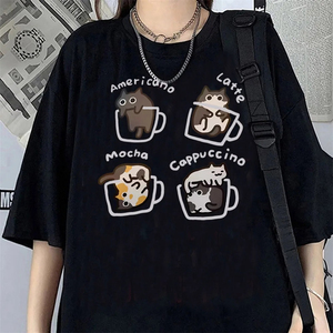 เสื้อยืดโอเวอร์ไซส์ลายแมวกาแฟน่ารักสำหรับผู้หญิง สั่งทำขายส่ง ทรงหลวม สไตล์สตรีทแวร์ ผ้าแคนวาส เป็นมิตรกับสิ่งแวดล้อม ระบายอากาศได้ดี - Product Image 2