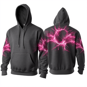 Luxury Slate <b>Grey</b> Heavy Cotton Pullover <b>Hoodie</b> with Magenta Plasma Abstract Artwork Premium Oversized Fashion Clothing - Product Image 4