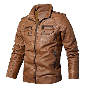 Men's Genuine Leather Biker Jacket Black | Vintage Brown Distressed <b>Canvas</b> Motorcycle Jacket with Stand Collar and Front Logo - Product Image 2