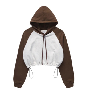 Unisex <b>Cropped</b> Hooded <b>Sweatshirt</b> Raglan Sleeve Color Blocking <b>White</b> Black Cotton Fleece Oversized Fit Casual 420g OEM Service - Product Image 3