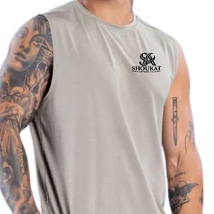 เสื้อกล้ามสีเบจอ่อนสำหรับผู้ชาย พิมพ์โลโก้ SHOUKAT แบบกำหนดเอง สำหรับออกกำลังกาย ฟิตเนส เพาะกาย ฝึกซ้อม เล่นกีฬา - Product Image 5