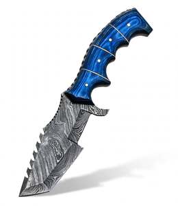 Cuchillo utilitario artesanal de acero de Damasco con mango de madera Pakkawood azul y espiga de sierra, herramienta de campo - Product Image 3