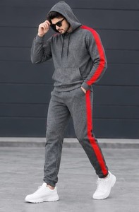 Chándal con Capucha para Hombre, Color Gris y Rojo, Estilo Urbano, Mangas Largas, Bolsillos Laterales con Cordón, Ropa de Invierno, 100% Algodón Felpa - Product Image 3
