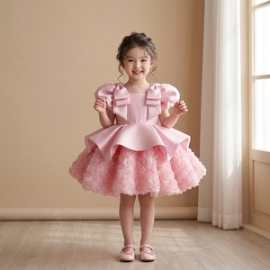 Robe de bal élégante rose pour filles, manches bouffantes, double nœud, jupe à rosettes 3D, pour fête d'anniversaire/mariage/fille d'honneur - Product Image 3