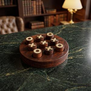Plateau de jeu XO rond en bois moderne, écologique et de qualité supérieure, fait main, jeu de stratégie familial avec incrustations en laiton, jouet éducatif pour enfants - Product Image 1