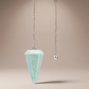 Pendule en cristal d'amazonite naturelle sculpté, chaîne couleur argent, pierre précieuse à facettes, pour radiesthésie, méditation, Feng Shui, Reiki, mascotte, fée - Product Image 2