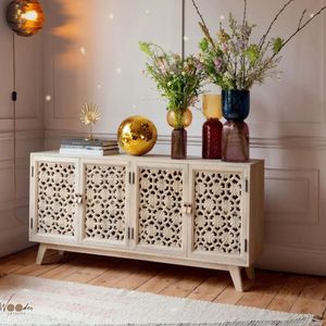 Aparador de Madera Maciza con Puerta Tallada, Mueble de Almacenamiento, Aparador Elevado, Consola para Sala de Estar o Entrada - Product Image 4