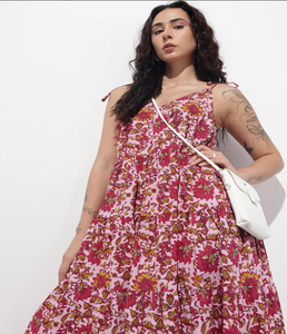 Vestido Midi Rosa de Algodón con Corte Ajustado y Evase para Mujer, con Tirantes, Sin Mangas, Veraniego, Casual, Ligero, Transpirable y Elegante - Product Image 4