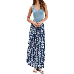 Trendy Women's High-waisted Long Flowing Crepe Navy Blue <b>Skirt</b> <b>Elastic</b> Waist Drawstring Front Viscose <b>Skirt</b> Casual Summer Style - Product Image 1