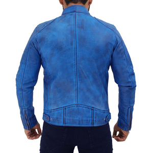 Chaqueta de Motociclista de Cuero Vacuno Azul para Hombre, Cuello Alto, Cierre de Cremallera, Manga Regular, Estilo Biker Otoñal, Color Sólido, Cuero Lavado - Product Image 2