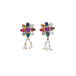 Vintage Style Oxidized <b>Silver</b> Navaratna Stone Studded Embellished Pearl Beads Women <b>Earrings</b> As Anniversary Gift at Factory Cost - Product Image 1