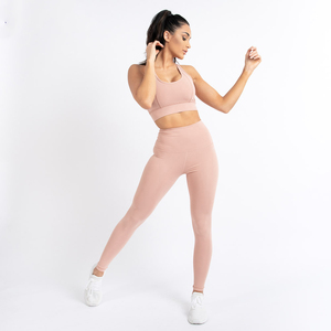 Ensemble de yoga pour femmes, couleur unie, col rond simple, bretelles spaghetti, haut court, leggings taille haute, longueur intégrale, sans couture sur le devant, ensemble 2 pièces - Product Image 4