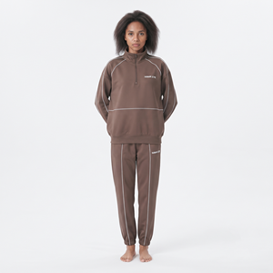 Women's 100% Polyester Half Zip Oversized Sweatshirt Solid Color <b>White</b> Piping <b>Jogger</b> Tracksuit Casual Sportswear Set - Product Image 3