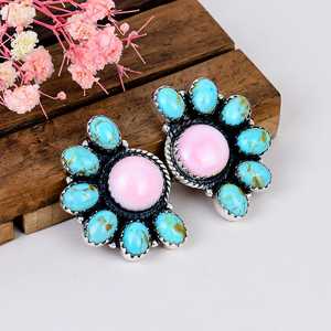 Kingman Turquoise Pink Conch Sterling <b>Silver</b> <b>Stud</b> <b>Earrings</b> Boho Gemstone Jewelry Gift for Her - Product Image 1