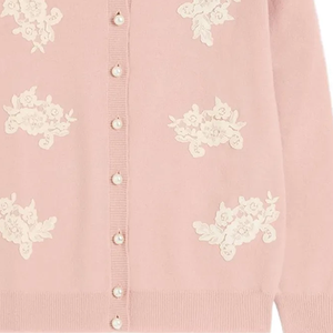 Cardigan d'hiver épais en laine/cachemire brodé rose et ivoire avec col, manches longues et boutons perlés - Product Image 3