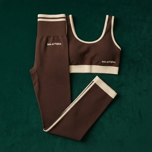 Women <b>Brown</b> Cream Contrast Yoga <b>Set</b> Sports Bra High Waist Leggings <b>Gym</b> Fitness Workout Activewear <b>Set</b> - Product Image 6