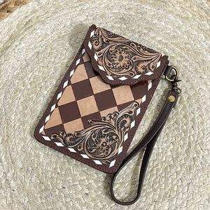 OEM Luxury Wholesale Hand Tooled Genuine Cowhide Leather Mobile Bag with <b>Wristlet</b> Factory Price Fashionable Mini Bag for Unisex - Product Image 4