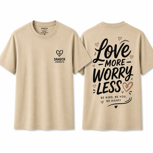 Camiseta de Manga Corta para Hombre, Color Azul Claro, Cuello Redondo, Corte Regular, 100% Algodón, Estampada, Ecológica, 180g, Marca Sangita Garments, Love More Worry - Product Image 1