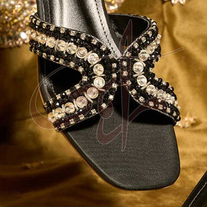 <b>Suede</b> Velvet Crystal Crossover Straps Anti-Slippery Comfortable Fashion Trend Printed Customizable Bold <b>Black</b> Base Slipper <b>Heels</b> - Product Image 6