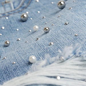 Short en jean taille haute croisée pour femme, coupe droite ample, respirant, en denim, idéal pour la plage - Product Image 4