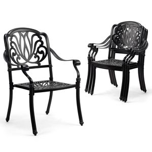 Set di 2 Sedie da Pranzo Impilabili da Esterno in Alluminio Pressofuso, Finitura Nera Vintage, Poltrona in Metallo con Motivo Floreale, Sedie Pieghevoli da Patio - Product Image 1