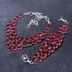 Adorable Mozambique <b>Garnet</b> Gemstone Necklace <b>Bracelet</b> Set Pear Shape Overlay Faceted Bezel Set Romantic Silver Plated Handmade - Product Image 3