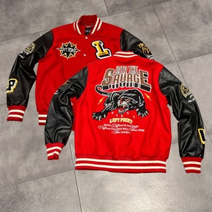 Hip Hop <b>Jacket</b> Custom Genuine <b>Leather</b> Sleeves Chenille Embroidery Rhinestone College Baseball Varsity Fleece <b>Jackets</b> - Product Image 1