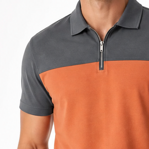 Polo de hombre de manga corta con cremallera de un cuarto y bloques de color a la moda, diseño casual naranja y gris sólido, streetwear premium - Product Image 3