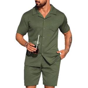 Men's Casual Sports Two-Piece Woven Summer Cardigan Shorts Suit Popular Outerwear Set for Vacation - Product Image 3