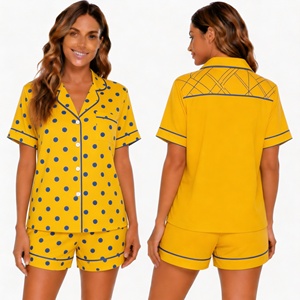 Women's Navy Floral Satin Short Sleeve Pajama <b>Set</b> With Turn-Down Collar Button Closure Summer Sleepwear - Product Image 2