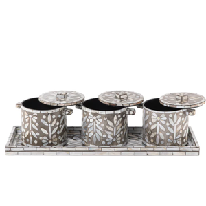 Ensemble de pots et boîtes en nacre, motif floral noir en mosaïque, avec plateau, pour rangement et présentation artisanale haut de gamme - Product Image 3