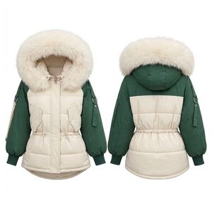 Custom Green Ivory Women's Polyester Colorblock Puffer Coat Fur Hood Quilted Winter <b>Jacket</b> Padded Winter Outerwear - Product Image 3