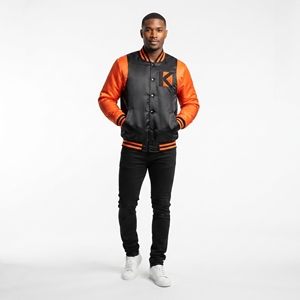 KVJ118 Bomber Varsity da <span class=keywords><strong>uomo</strong></span> in raso per inverno nero arancione <span class=keywords><strong>senza</strong></span> colletto con ricamo serigrafia - Product Image 2