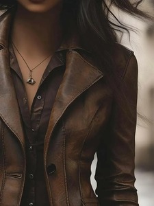 Chaqueta de Motociclista de Cuero Genuino Marrón Vintage para Mujer - Product Image 2