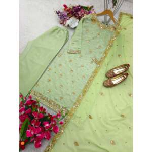 Hermosa camiseta de fiesta para mujer-Conjunto de Plazzo y Dupatta con trabajo de secuencia de bordado - Product Image 3