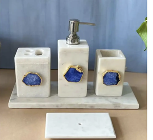 Luxury Marble Bathroom Set With <b>Blue</b> Agate Inlay <b>Soap</b> Dispenser Toothbrush Holder And Tumbler Rectangle Three-Piece Set - Product Image 1
