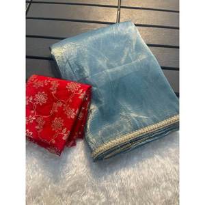 Nieuwste Tissu Zijden Kantwerk Sari Met Ongestikte Blouse Zeeblauw - Product Image 2