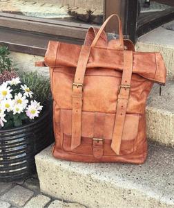 Genuine Leather <b>Roll</b> Top <b>Backpack</b> 15.6 Laptop Bag Cowhide Travel Rucksack Mens Retro Business Office Bag LTBP-0105 - Product Image 1