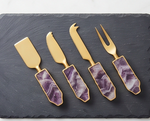 <b>Cheese</b> <b>Knife</b> <b>Set</b> With Purple Stone Handles Gold Finish Stainless Steel Blades Durable Kitchen Utensils For <b>Cheese</b> Serving - Product Image 1