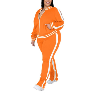 Ensemble de survêtement décontracté deux pièces pour femme grande taille, à capuche, imprimé, écoresponsable, à manches longues, zippé, rayé et ajouré, automne-hiver - Product Image 2