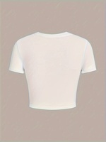 T-shirt court blanc pour femme, manches courtes, col rond, décontracté, tricoté, couleur unie, toutes saisons, coupe classique