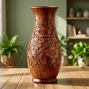 Handcrafted Wooden Flower <b>Vase</b> Decorative Carved Floral Design Tabletop Home Decor - Product Image 2