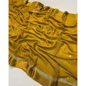 TREANDING VISCOSA GEORGETTE SATIN PATTA BORDER SEQUENCE BUTTI WORK SAREE CON BLUSA DESCOSADA MUSTURD - Product Image 1