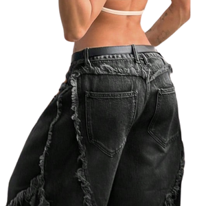 Vaqueros anchos de cintura alta para mujer, transpirables, estilo vintage, lavado enzimático, con costuras deshilachadas, ajuste holgado, estilo urbano, casual, de largo completo. - Product Image 4