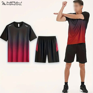 Premium Quality Training Outfit Set Stylish <b>Red</b>-Black Gradient Activewear Breathable Fabric Fitness Compression T-Shirt Shorts - Product Image 5