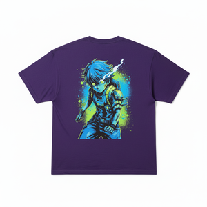 T-shirt pour homme en coton jersey de qualité supérieure, à manches courtes, col rond, coupe classique, avec imprimé de personnage d'anime sur le dos, couleur violette - Product Image 3
