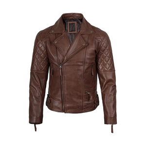 Men's <b>Brown</b> Genuine <b>Leather</b> Biker <b>Jacket</b> With Zipper Closure And Quilted Design Slim Fit Moto Style Autumn Wear - Product Image 1