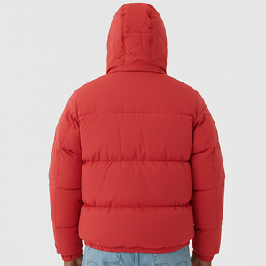 <b>Men's</b> Red Hooded Puffer <b>Jacket</b> Windproof Thick Polyester Winter Casual Zipper Closure Loose Fit Front Logo Print - Product Image 2